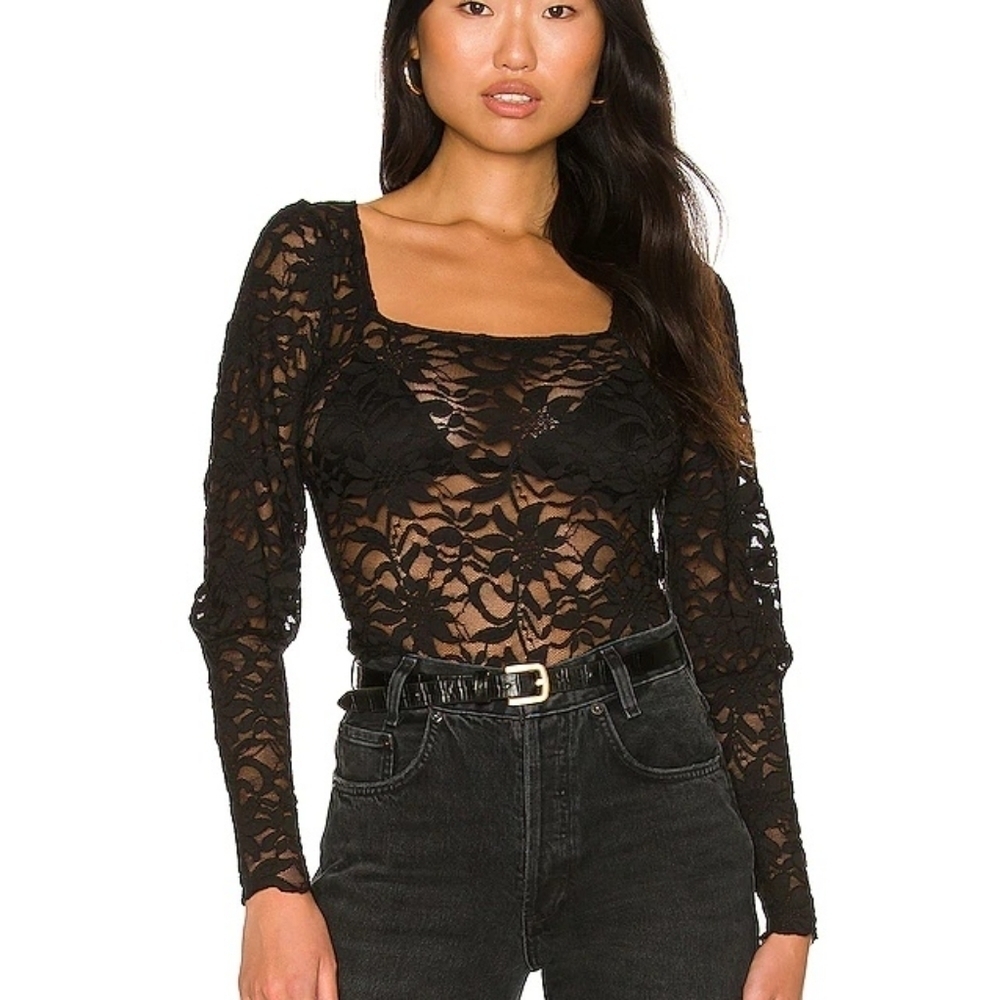 Free People Long Distance Layering top sheer black lace NEW